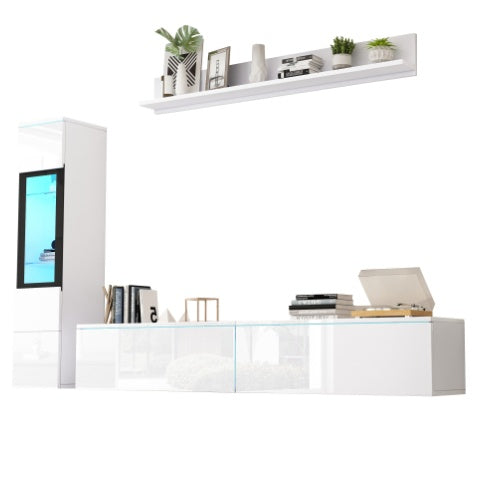 Ensemble de 3 unités murales TV, meuble TV LED, cabinet TV haut brillant, mobilier de salon blanc