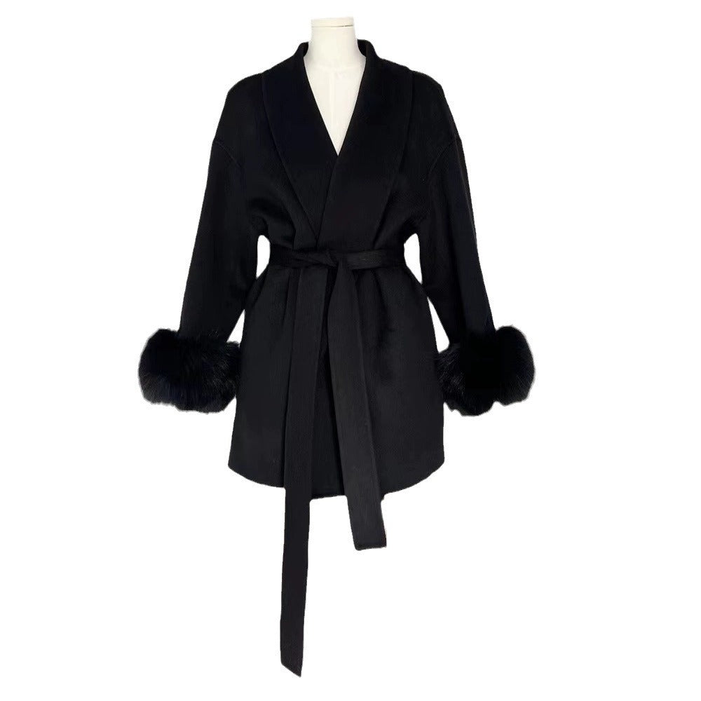 Manteau Élégant en Cachemire à Fourrure Rétro Détachable