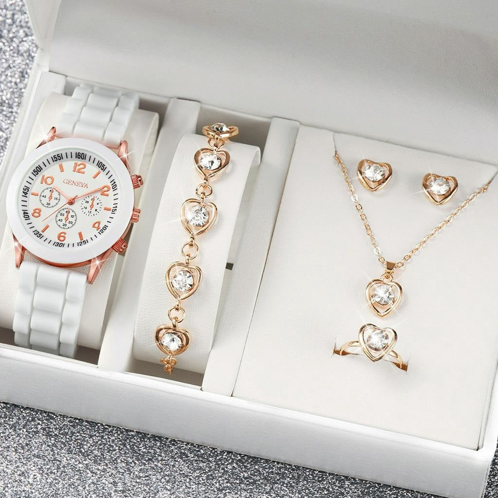 Montre de Mode avec Bijoux Complémentaires : Montre Quartz, Collier, Bracelet, Bague et Boucles d'Oreilles