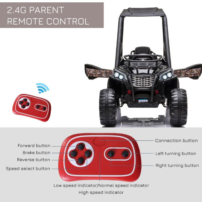 Voiture Électrique UTV 12V pour Enfants Camouflage Noir avec Télécommande et Toit Haut