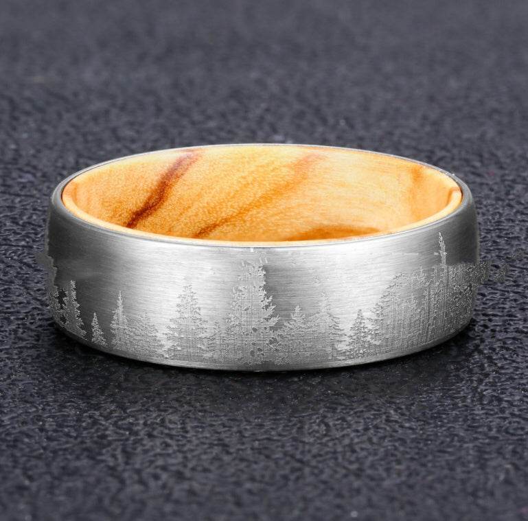 Bague en Tungstène Poli avec Bois de Pin - Allomarc.com