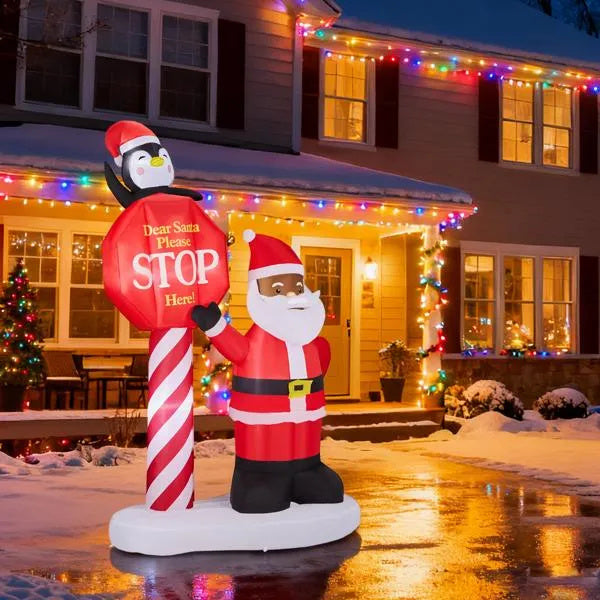 Décoration Gonflable de Noël 8,2FT avec Santa Noir et Panneau de Signalisation
