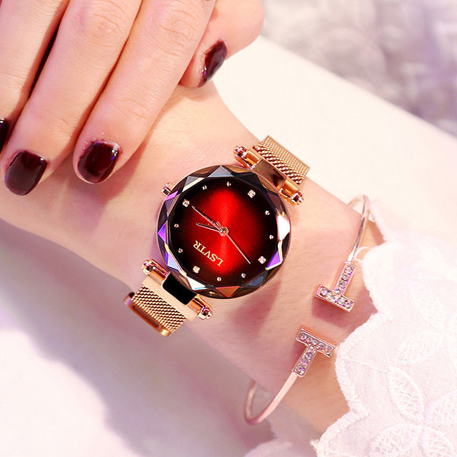 Montre Femme Rose Or avec Diamants – Montre Magnétique Étoilée Étanche