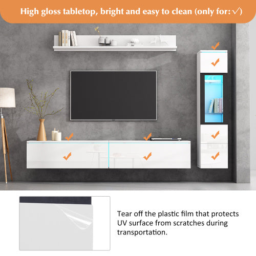 Ensemble de 3 unités murales TV, meuble TV LED, cabinet TV haut brillant, mobilier de salon blanc