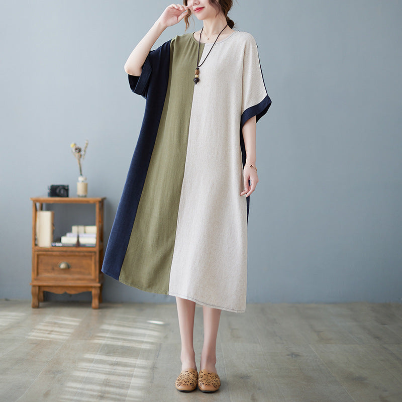 Robe Contrastée à Manches Courtes en Coton et Lin