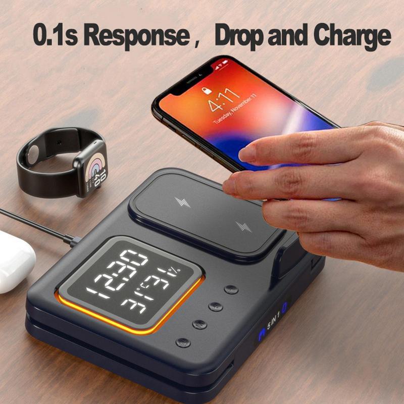 Station de Charge Sans Fil 15W avec Horloge Numérique LED et Support 5 en 1