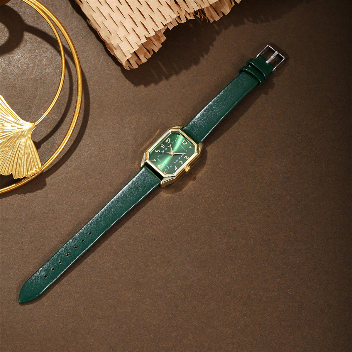 Montre Femme Cuir Carrée Quartz avec Ensemble de Collier, Boucles d'Oreilles et Bague