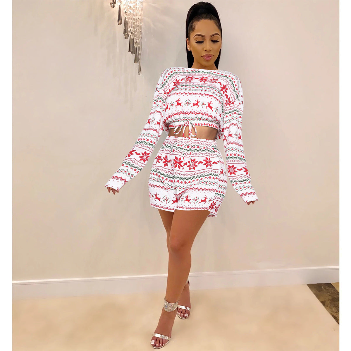 Ensemble de Pyjama de Noël pour Femmes - Top Court à Manches Longues et Short