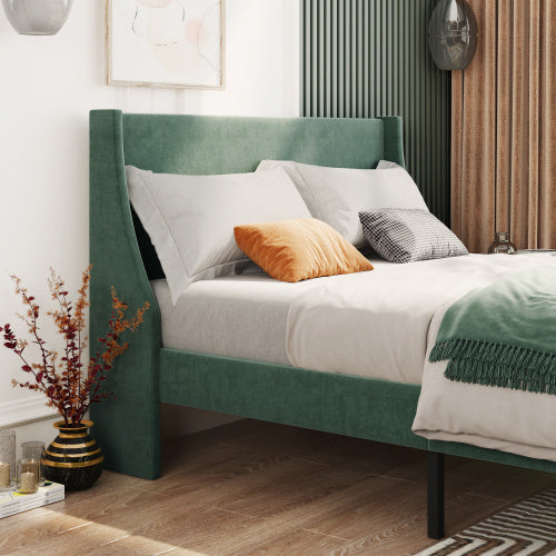 Lit Simple en Velours Vert Foncé 3FT avec Tête de Lit Ailé et Support en Lattes en Bois