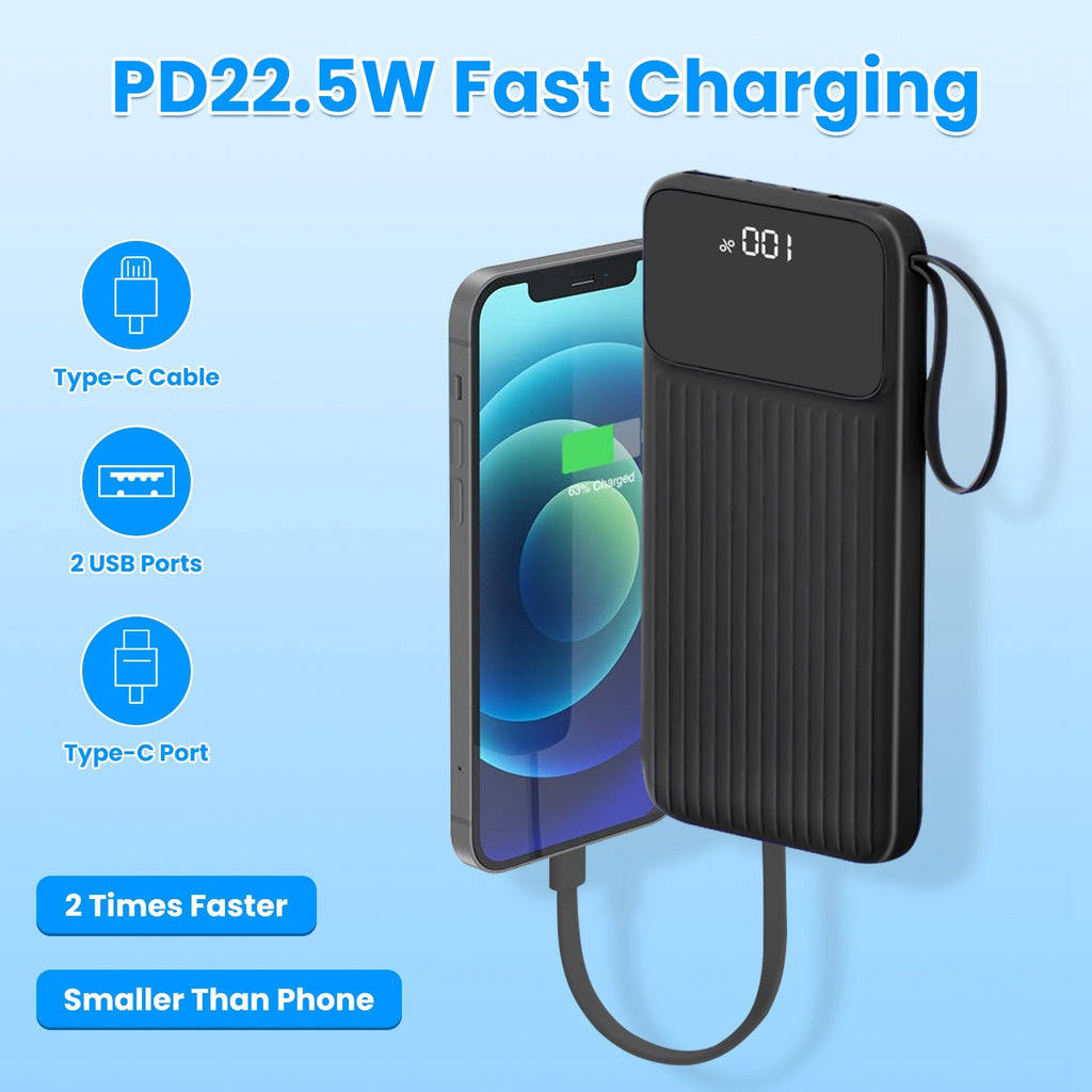 Chargeur Rapide 1Pc PD22W 20000mAh avec Câbles Intégrés
