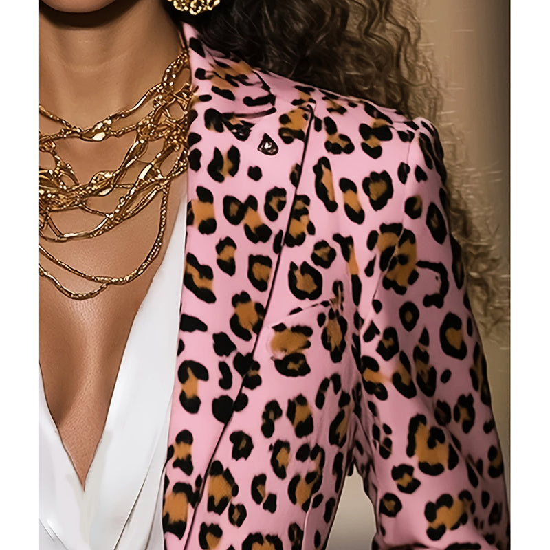 Blazer Femme Rose Léopard à Manches Longues - Veste Élégante pour Bureau et Sorties Casual