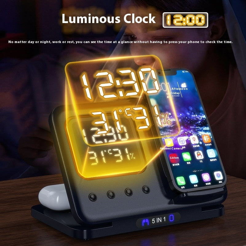 Station de Charge Sans Fil 15W avec Horloge Numérique LED et Support 5 en 1
