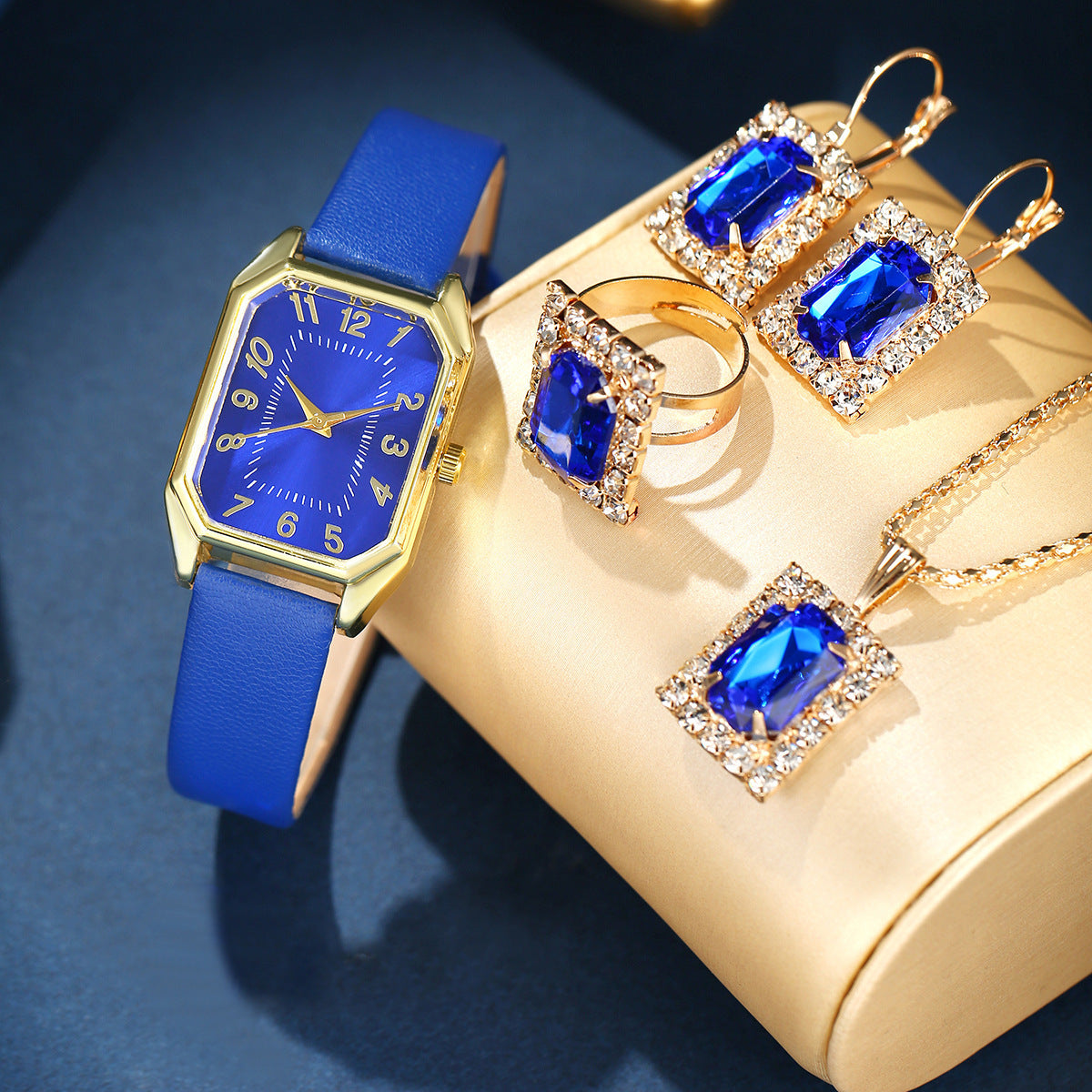 Montre Femme Cuir Carrée Quartz avec Ensemble de Collier, Boucles d'Oreilles et Bague
