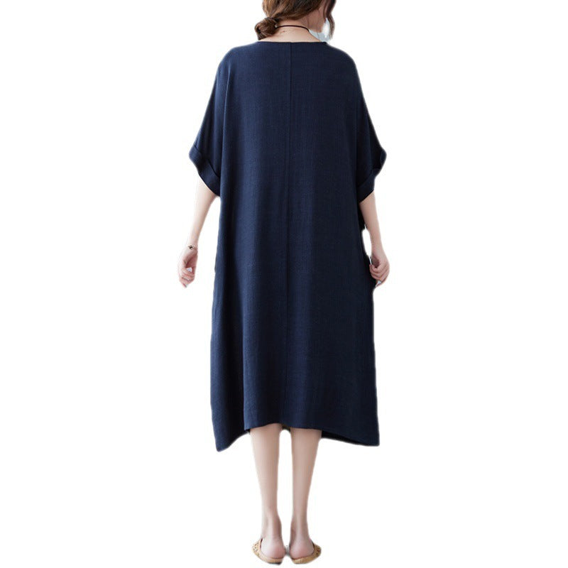 Robe Contrastée à Manches Courtes en Coton et Lin