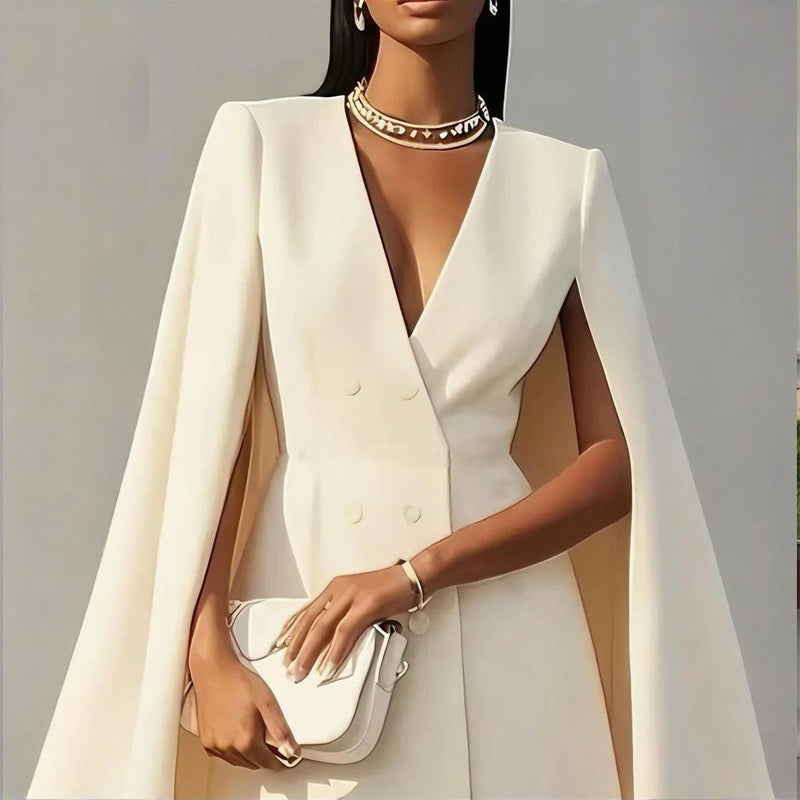 Robe Blazer Cape Élégante Femme en Couleur Unie avec Col V Double Boutonnage pour Printemps & Été