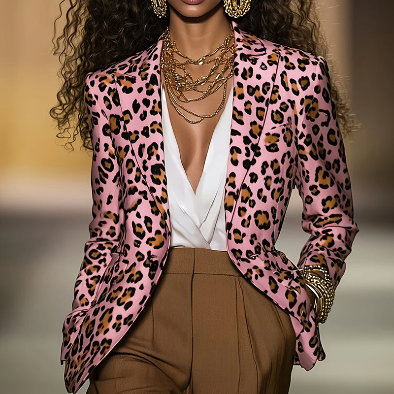 Blazer Femme Rose Léopard à Manches Longues - Veste Élégante pour Bureau et Sorties Casual
