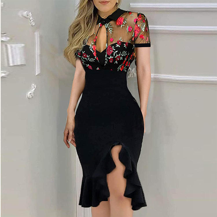 Robe à Manches Courtes à Volants Brodée en Sequins
