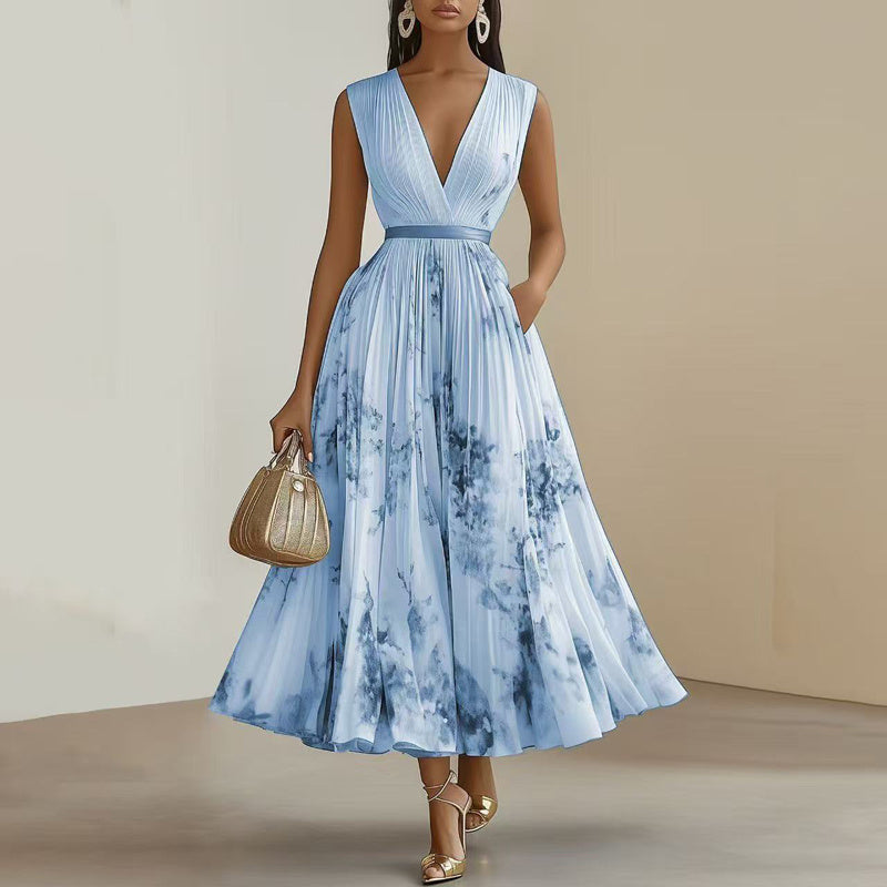 Robe Maxi Femme à Imprimé Floral et Décolleté en V Profond avec Poches - Robe d'Été Flottante