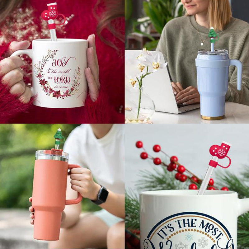 Nouveau Couverture de Paille de Noël en Silicone de 10mm pour Tasses