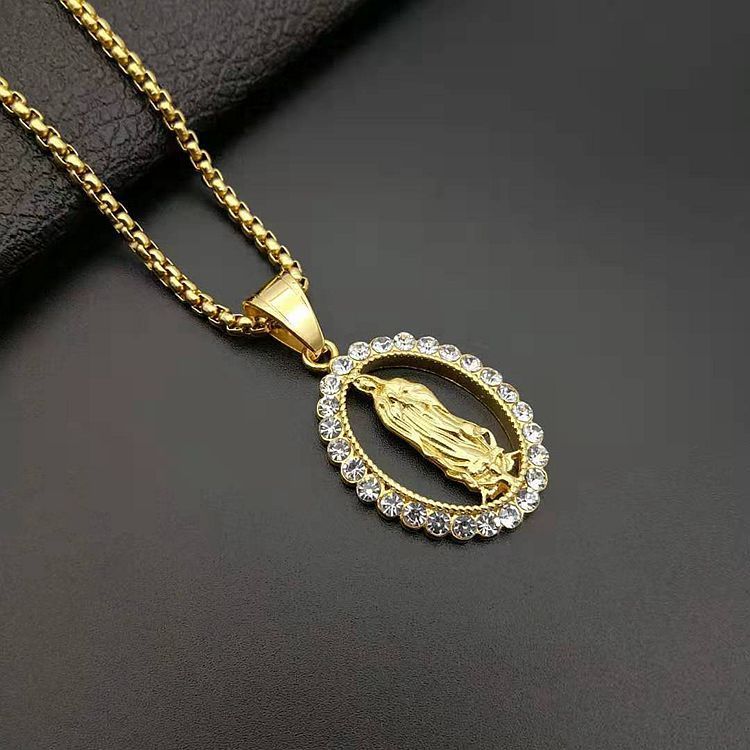 Pendentif Vierge Marie en Acier Inoxydable Doré et Diamanté