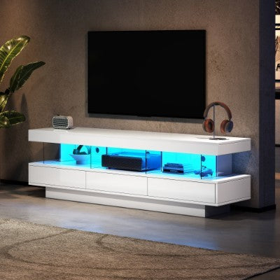 Meuble TV Haut Brillant avec Éclairage LED 160CM, 3 Tiroirs et 3 Espaces de Rangement
