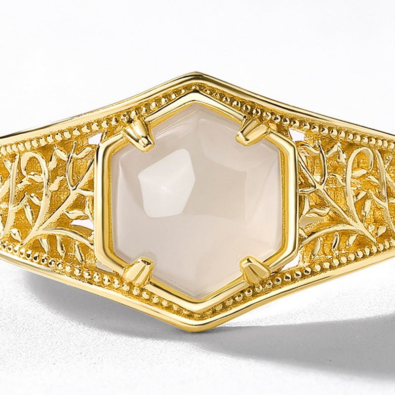 Bague en Jade Hetian Géométrique Hexagonale de Style Rétro