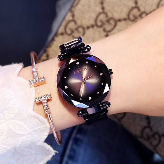 Montre Femme Rose Or avec Diamants – Montre Magnétique Étoilée Étanche