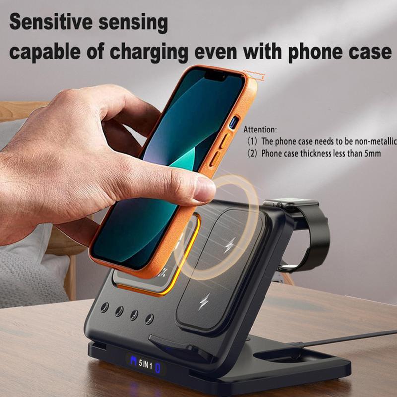 Station de Charge Sans Fil 15W avec Horloge Numérique LED et Support 5 en 1