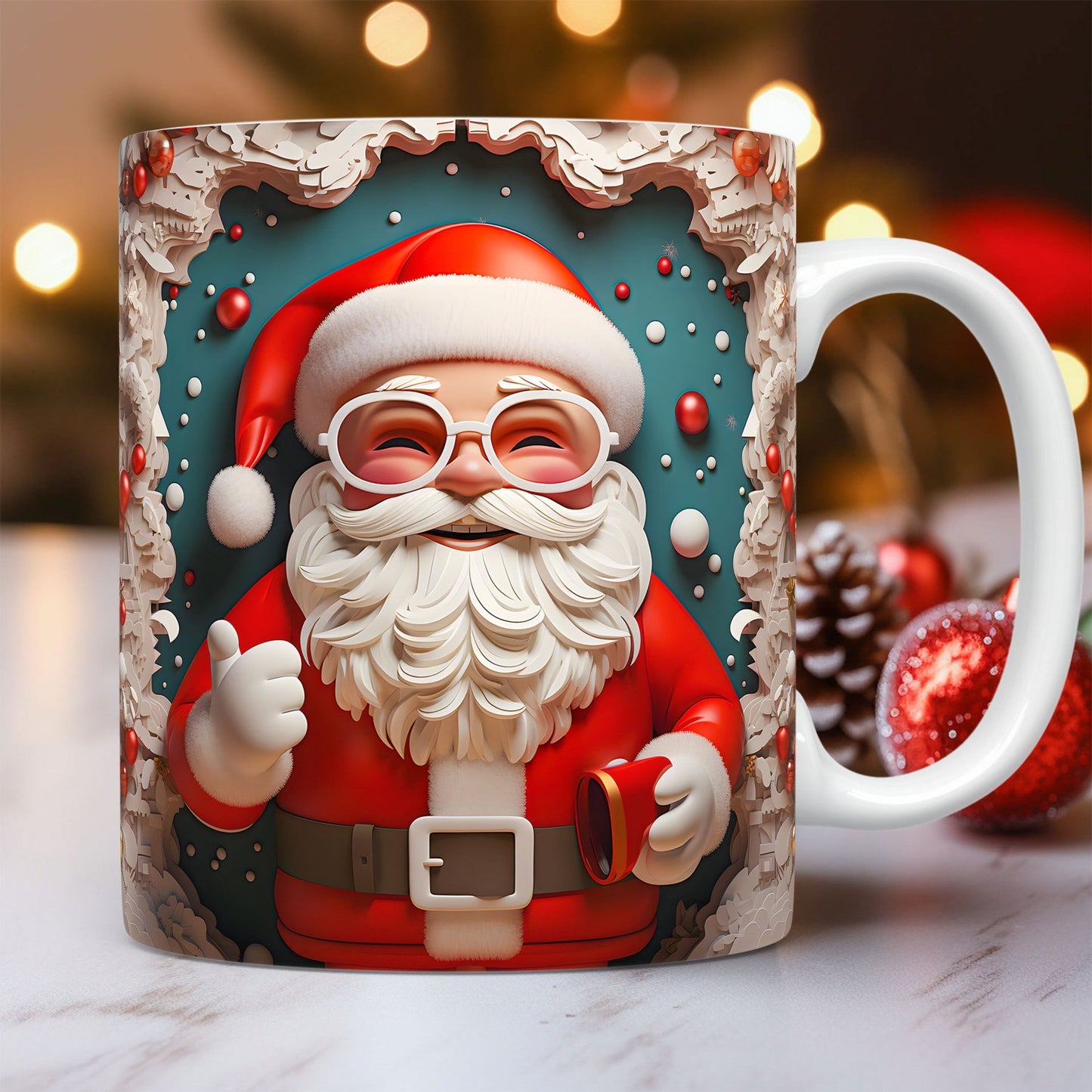 Mug en Céramique 3D de Noël – Design Unique de Bonhomme de Neige et Santa