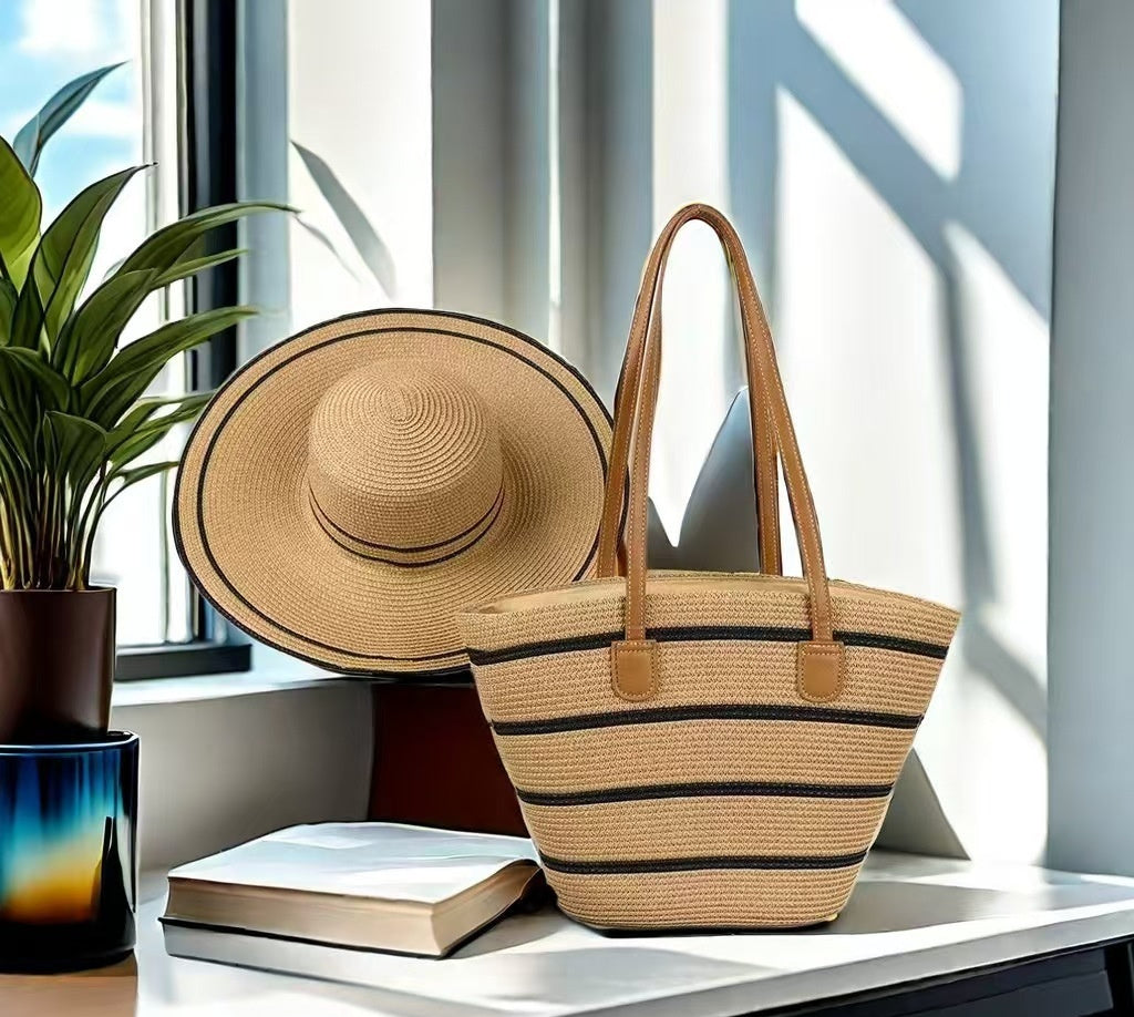 Ensemble de Sac et Chapeau en Paille pour Protection Solaire lors de Vacances à la Plage