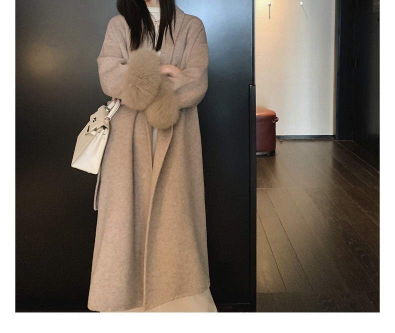 Manteau Élégant en Cachemire à Fourrure Rétro Détachable