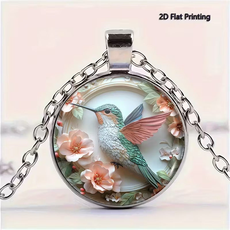 Collier Rond à Motif de Colibri et de Fleurs Retro Créatif