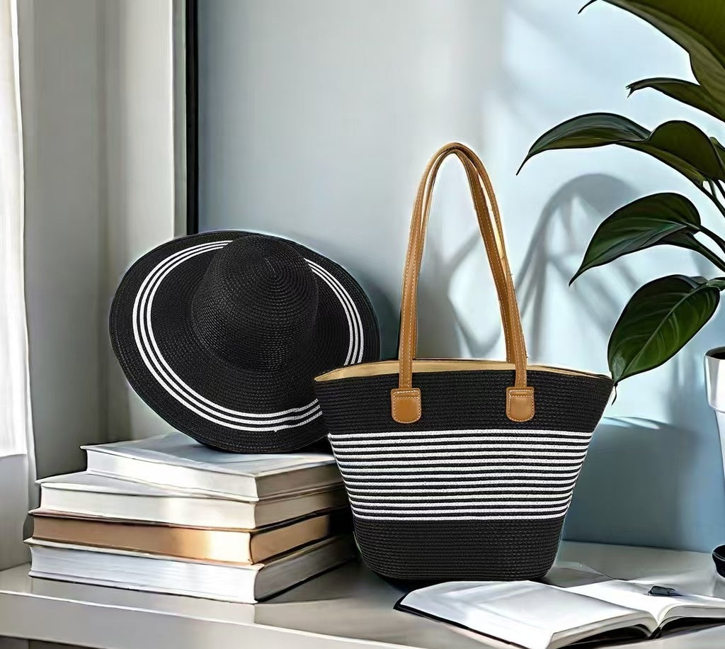 Ensemble de Sac et Chapeau en Paille pour Protection Solaire lors de Vacances à la Plage