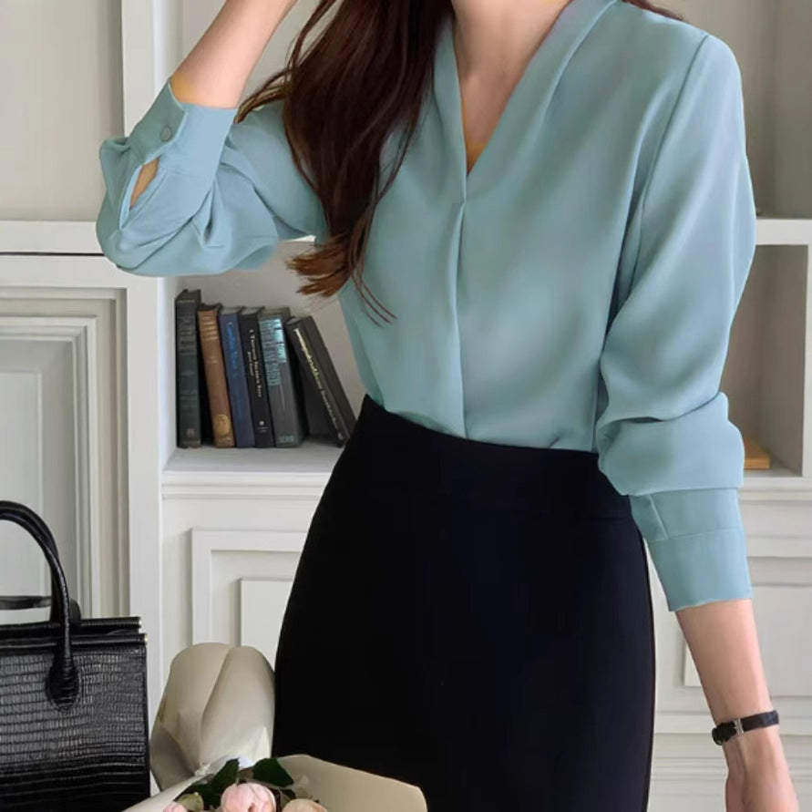 Blouse Chiffon à Manches Longues Style Coréen V-cou pour Femmes
