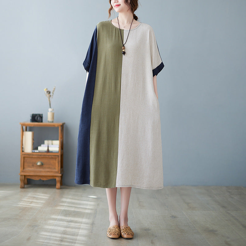 Robe Contrastée à Manches Courtes en Coton et Lin