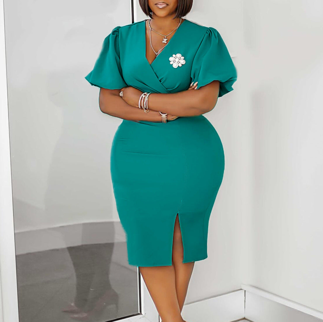 Robe V-neck Hip Ol Split Style Européen et Américain