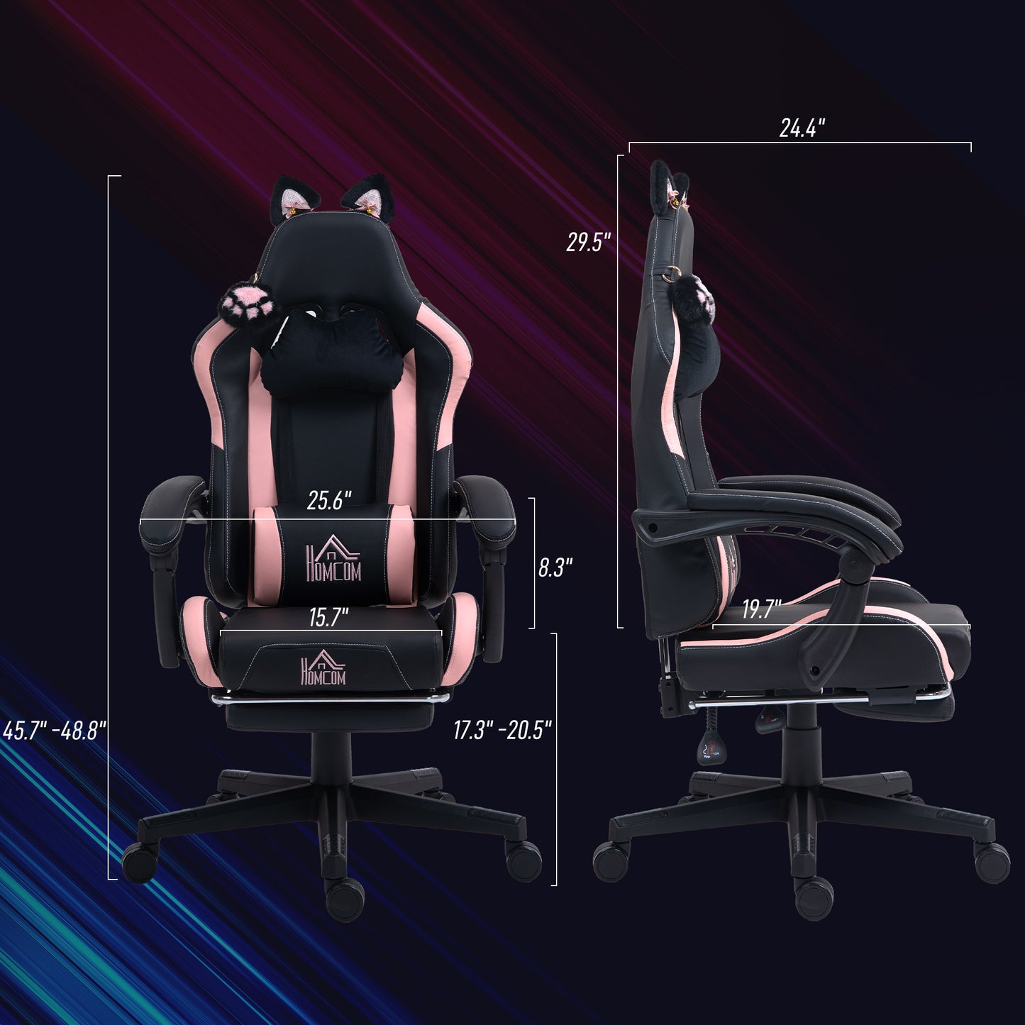 Chaise de Gaming Mignonne avec Oreilles de Chat, Fauteuil en Similicuir avec Repose-Pieds, Têtière et Support Lombaire, Noir