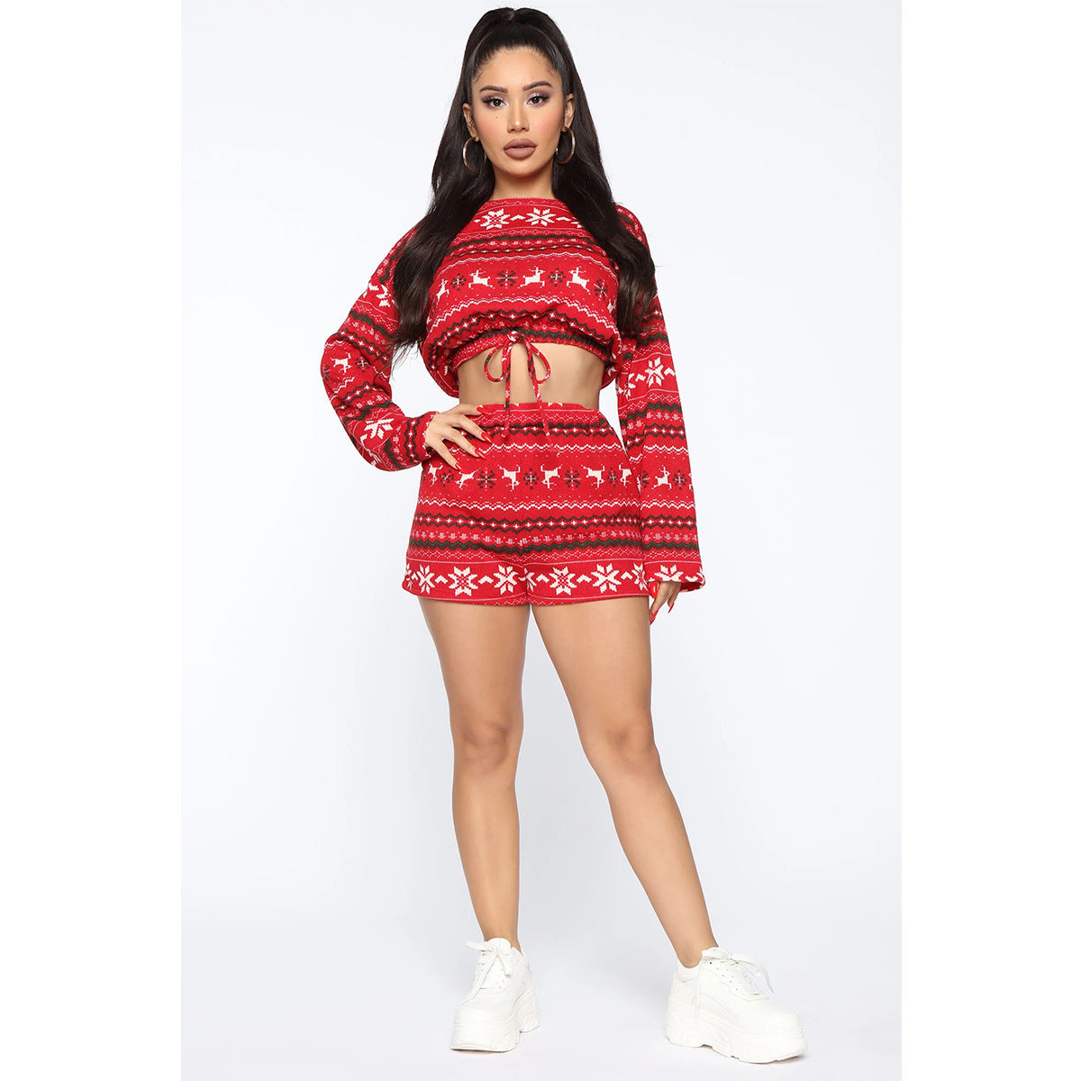 Ensemble de Pyjama de Noël pour Femmes - Top Court à Manches Longues et Short