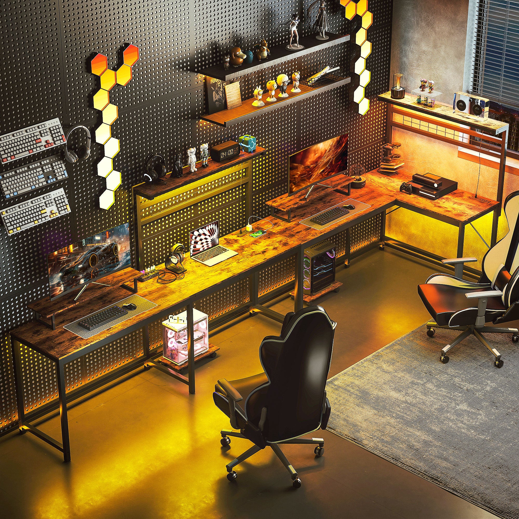 Bureau de Jeu L-Shaped de 61,6 L avec Prises Électriques et Lumières LED, Bureau d'Ordinateur avec Support pour Moniteur et Étagère CPU, Marron Rustique