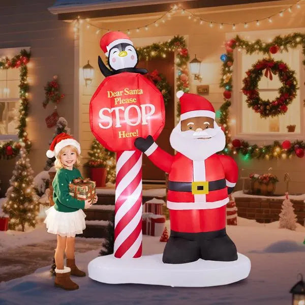 Décoration Gonflable de Noël 8,2FT avec Santa Noir et Panneau de Signalisation