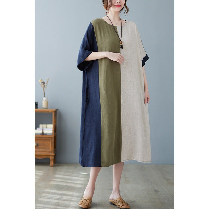 Robe Contrastée à Manches Courtes en Coton et Lin