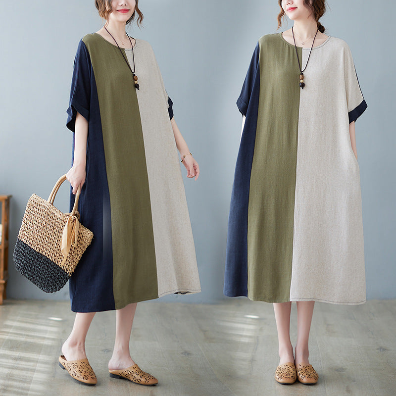 Robe Contrastée à Manches Courtes en Coton et Lin