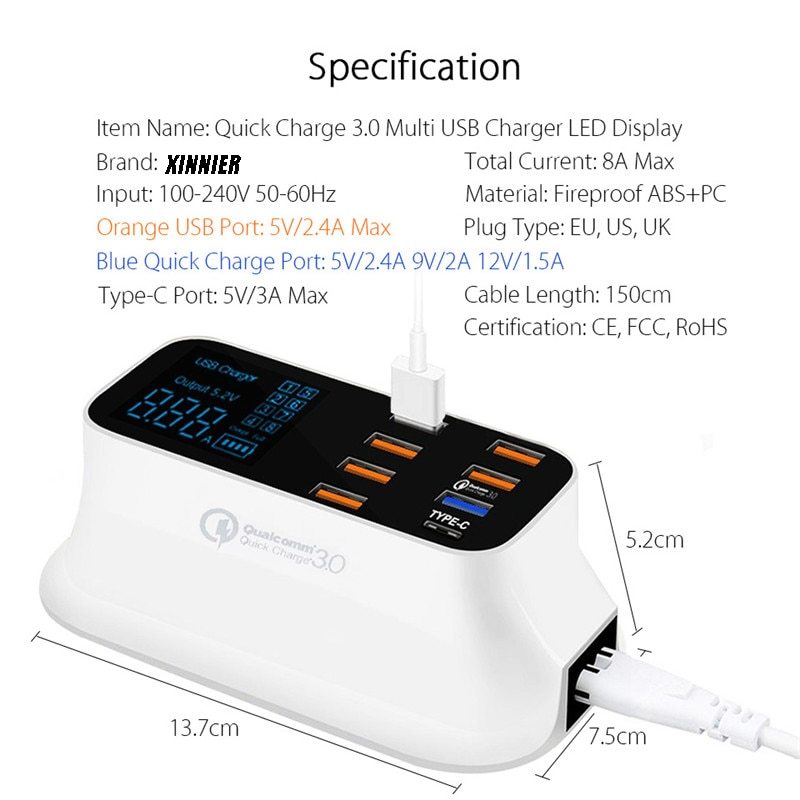 Station de Chargement USB Intelligent Quick Charge 3.0 à 8 Ports