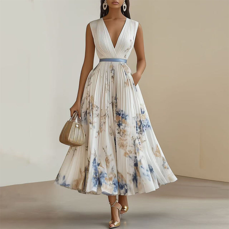 Robe Maxi Femme à Imprimé Floral et Décolleté en V Profond avec Poches - Robe d'Été Flottante