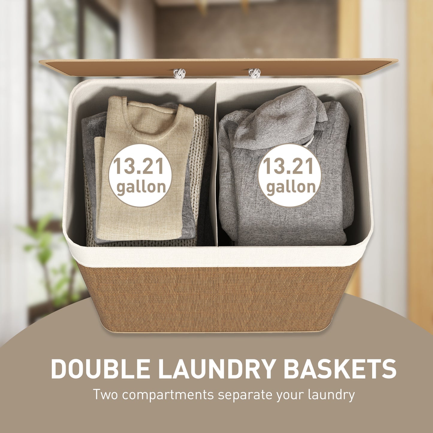 Panier à Linge Double avec Couvercle en Bambou, 26,4 Gallons