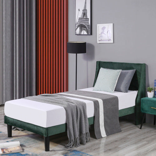 Lit Simple en Velours Vert Foncé 3FT avec Tête de Lit Ailé et Support en Lattes en Bois