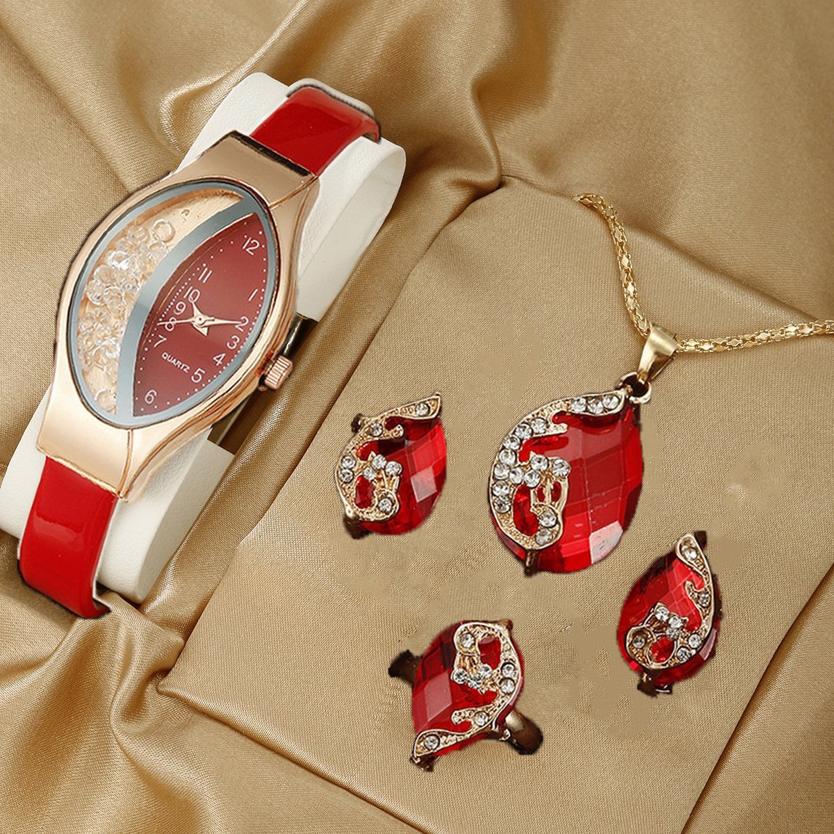 Montre de Mode avec Bijoux Complémentaires : Montre Quartz, Collier, Bracelet, Bague et Boucles d'Oreilles