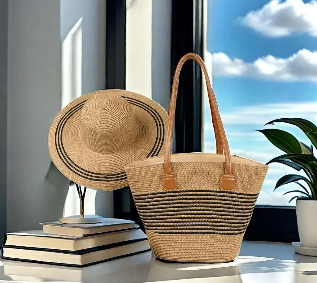 Ensemble de Sac et Chapeau en Paille pour Protection Solaire lors de Vacances à la Plage