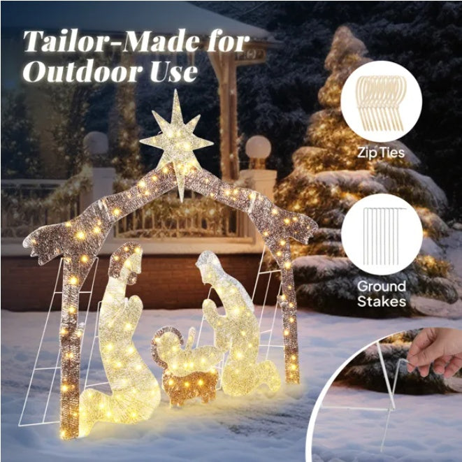 Décoration de Jardin Nativité Jésus avec Lumières LED 190 - 6 pieds en Toit Brun