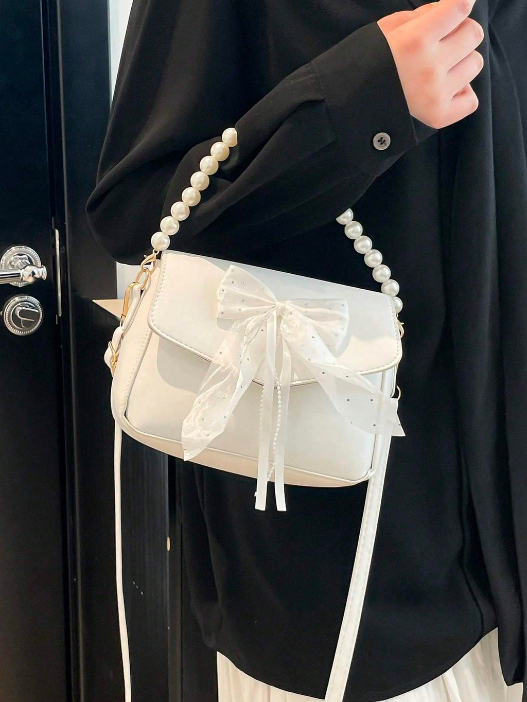 Sac à main en dentelle avec nœud en perles - Sac à bandoulière pour femmes